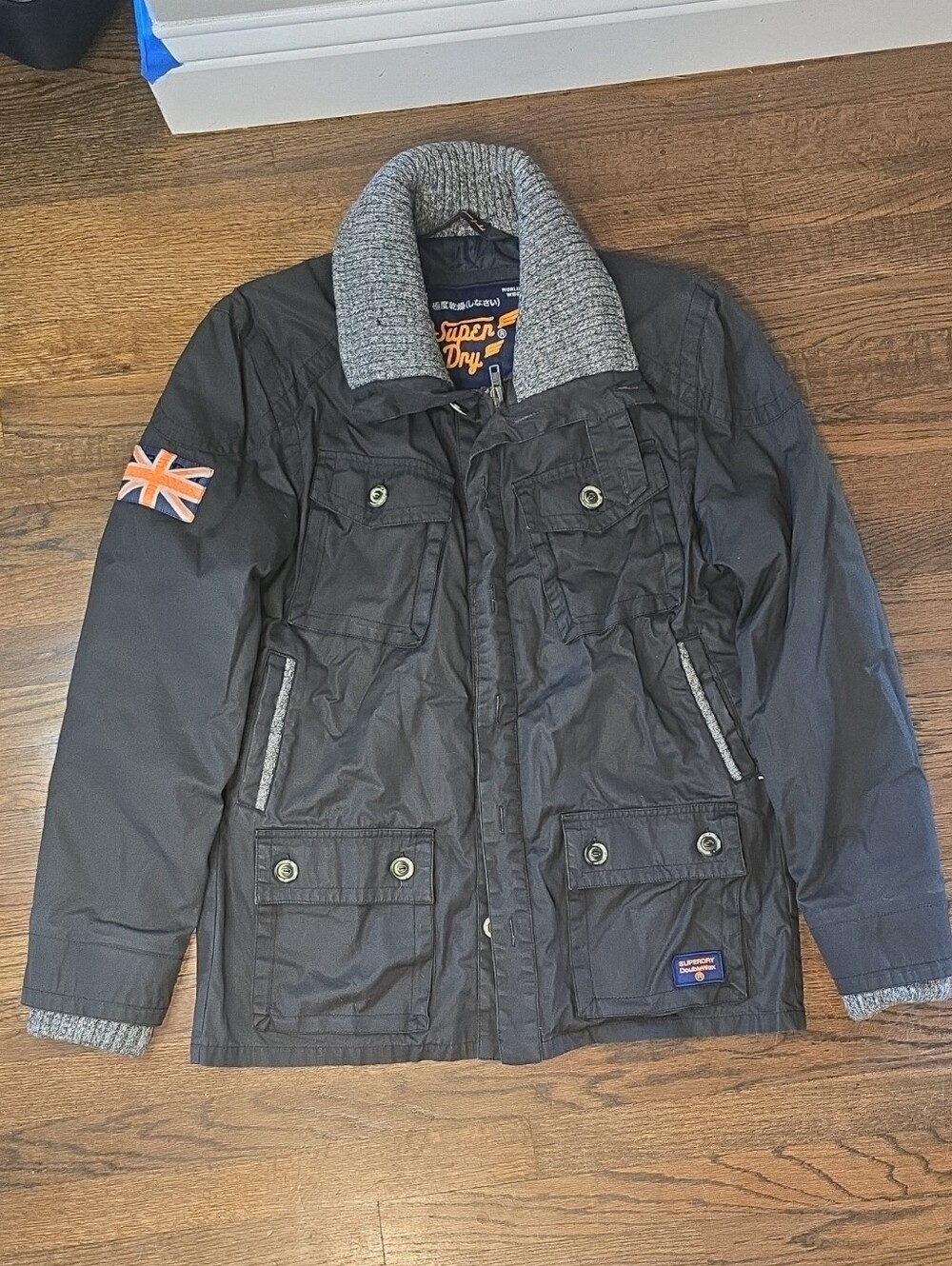 Superdry Men's Black Field Jacket with Gray Knit Collar